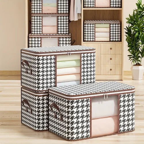 1pc Houndstooth Visual Window Storage Box, Quilt Clothes Toys Books Multifunctional Storage Box, Household Storage Organizer With Sturdy Zipper And Reinforced Handle For Comforter, Blanket, Bedding, Clothing, Etc