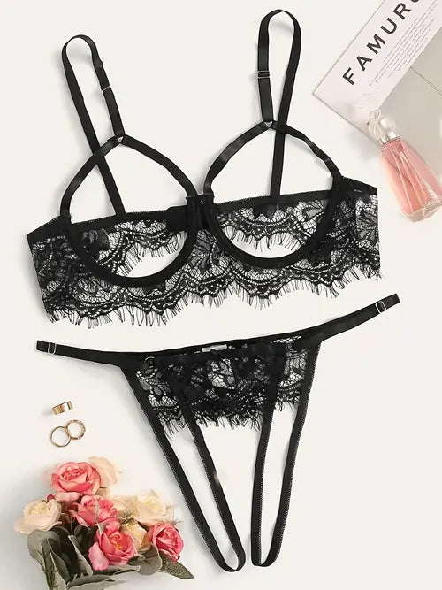 Sheer Lace Lingerie Set, Sexy Hollow Eyelash Lace Trim Bra & Strappy Panty, Women's Sexy Lingerie & Underwear