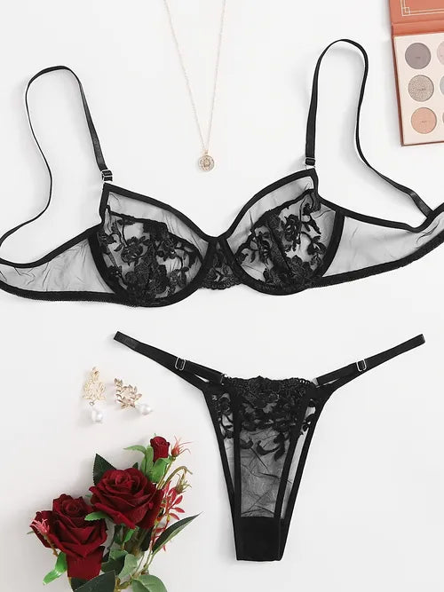 Sexy Embroidered Mesh Semi-Sheer Lingerie Set , Women's Lingerie & Underwear