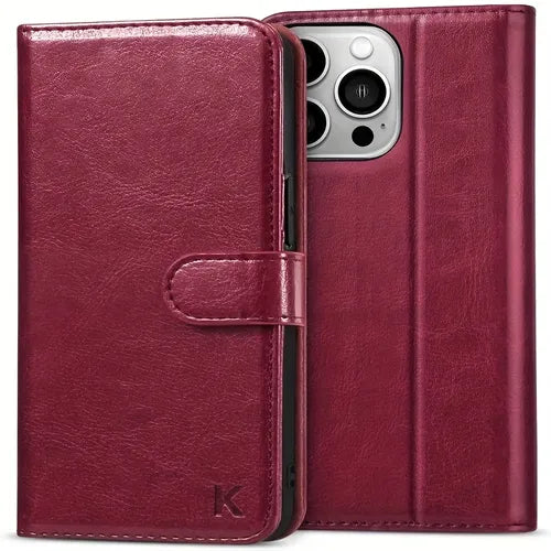 Flip Cover Case For IPhone 13 Pro Max (Wine Red) Wallet Case Supports Wireless Charging