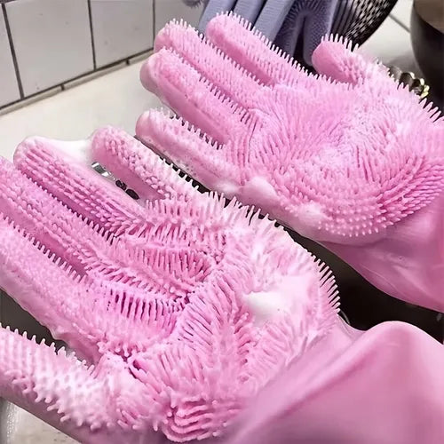 1pair Kitchen Silicone Dishwashing Gloves, Housework Cleaning Waterproof Insulation Magic Gloves, Dishwashing Brush