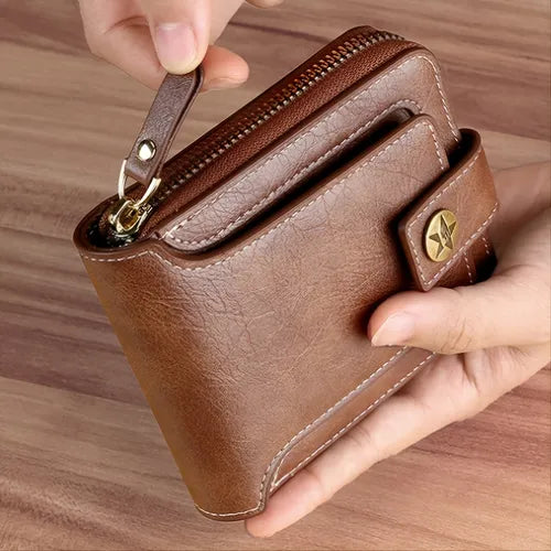 1pc Men's PU Leather Solid Color Business Wallet, Card Holder With Zipper & Button Give Gifts To Men On Valentine's Day
