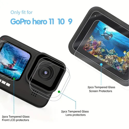 [6 件] 屏幕保护膜 适用于 GoPro Hero 11 10 9 黑色，超透明钢化玻璃屏幕保护膜 + 钢化玻璃镜头保护膜 + 钢化玻璃前液晶显示屏膜 适用于 GoPro Hero 9 10 11 运动相机