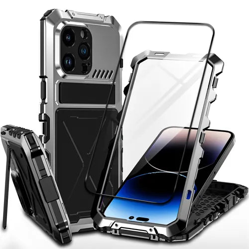 حافظة هاتف لهاتف IPhone 14 Pro Max معدنية، [حماية عسكرية بطول 10 أقدام] [حامل مدمج] حافظة هاتف متينة وشديدة التحمل لهاتف IPhone 14 Pro Max مع واقي شاشة 9H