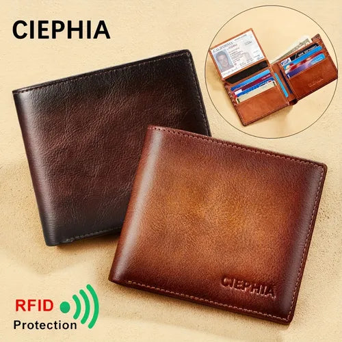 Men's Genuine Leather Anti Theft Brush Wallet Retro Bifold Short Multifunction ID Credit Card Holder With 2 ID Wallets