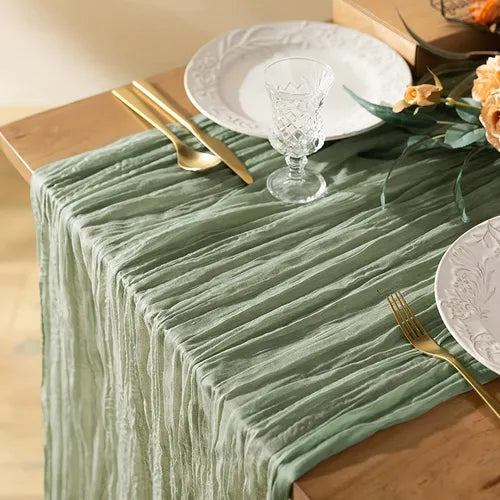 1pc Green Gauze Semi-Sheer Table Runner, Cheesecloth Tablecloth For Wedding Reception Bridal Shower Birthday Party Table Centerpieces, Boho Wedding Decor