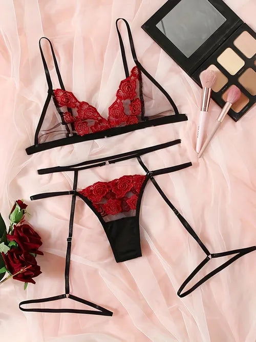 Hot Floral Lace Mesh Lingerie Set, Triangle Cups Sheer Bra & Semi-sheer Panties, Women's Sexy Lingerie & Underwear