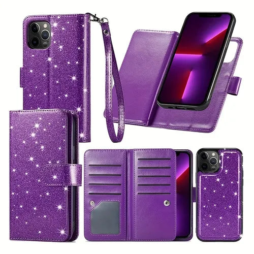 For IPhone 12 Pro Max Case Wallet, IPhone 12 Pro Max Case For Women With Card Holder & Magnetic Detachable Cover & Kickstand Strap Glitter PU Leather Flip Case For IPhone 12 Pro Max