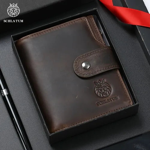 SCHLATUM Men's Genuine Leather RFID Blocking Wallet Vintage Casual Large Capacity Slim Short Wallet