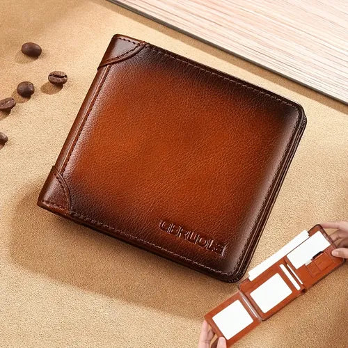 Genuine Leather Short Wallet RFID Blocking Wallet For Men Scratch Resistant Durable Vintage Thin Wallet Credit Card Holder Money Bag Gift For Men