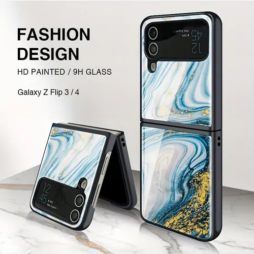 Phone Case For Marbling Pattern Phone Case For Samsung Galaxy Z Flip 3 Flip 4 5G Tempered Glass Hard Phone Casing Shockproof Cover