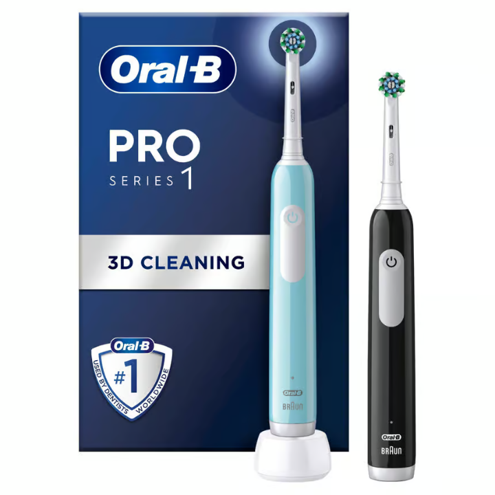 Oral-B Pro 1 Duopack, blue and black electric toothbrush, 2 tooth