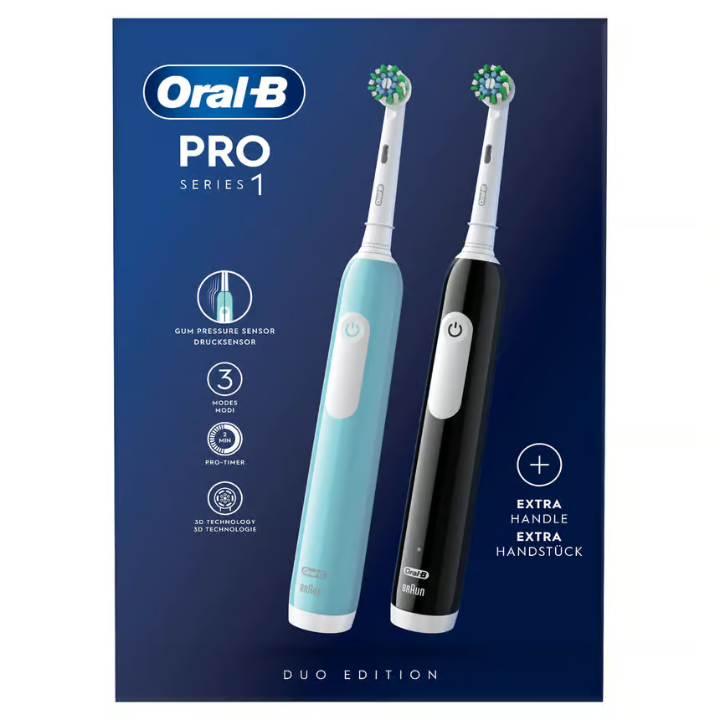 Oral-B Pro 1 Duopack, blue and black electric toothbrush, 2 tooth