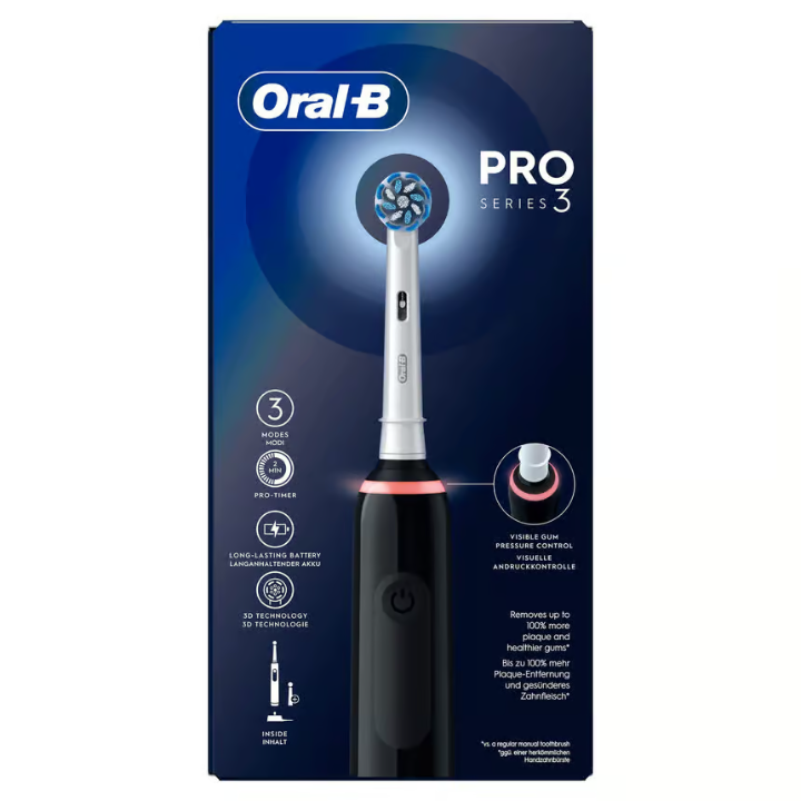 Oral-B Pro 3 黑色电动牙刷，2 个交叉动作