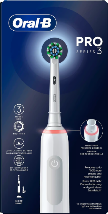 Oral-B Pro 3 White Electric Toothbrush, 2 Cross-Action