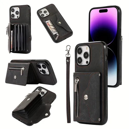 Zipper Organ Card Holder Crossbody Phone Case Black Artificial Leather Phone Case For 14 13 12 11 Pro Max /14 13 12 11 Pro / 14 13 12 11 /XS Max/ XR / XS / 14 Plus / 7/ 8 / SE