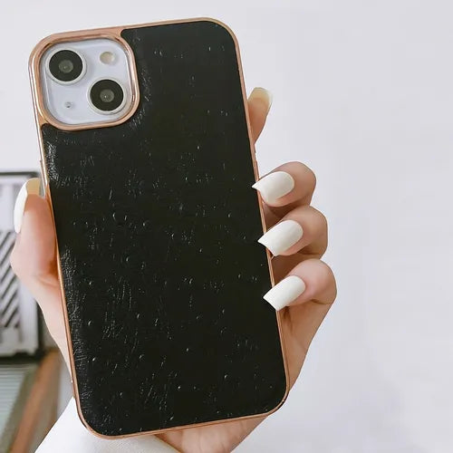 For Apple Phone Protective Case Lens Anti Drop High Luxury And Atmospheric Leather Electroplating Ostrich Series Elegant Black Suitable For IPhone 12/13/14 Pro, Plus, Pro Max