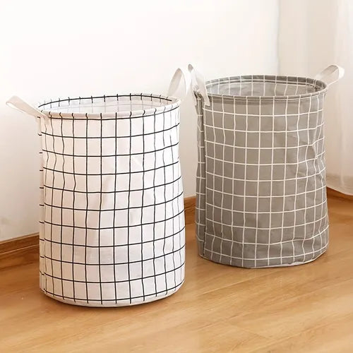 1pc Foldable Laundry Basket, Collapsible Saving Space Laundry Basket, Household Waterproof Storage Basket, Dirty Clothes Basket, Toy Storage Bucket, Plaid Linen Fabric Laundry Hamper With Handles