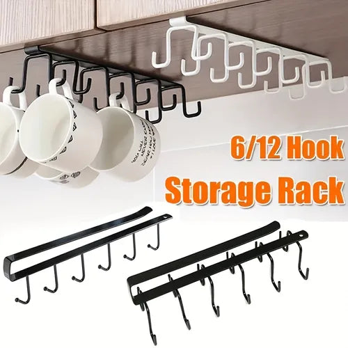 1pc Cabinet Mug Hook,  6-hooks/12-hooks Hanging Cup Holder, Multifunctional Wardrobe Row Hook Organizer, Space Saving Storage Rack, Home Gadgets (White/Black)