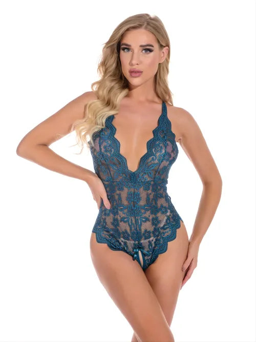 Women's Lingerie Sexy Lace Bodysuit Deep V Teddy One Piece Lace Babydoll