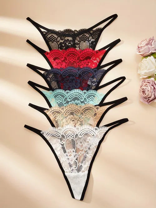 6pcs Floral Lace Thongs, Comfy & Breathable Semi-sheer Stretchy Panties, Women's Sexy Lingerie & Underwear