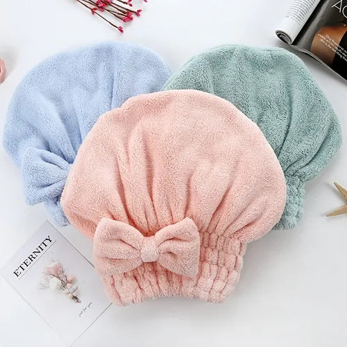 1pc Quick-Drying Hair Cap Dry Hair Towel Super Absorbent Coral Velvet Bath Accessories Portable Shower Bow Tie Caps