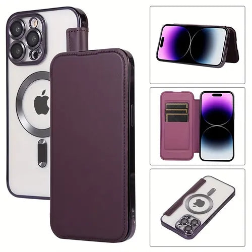 Suitable For Magnetic Suction Wireless Charging Leather Card Holder Electroplating Transparent Mobile Phone Case, Suitable For IPhone 11/12/13/14 Pro Max/ 14 Plus Mobile Phone Case Shockproof Silicone Wallet Transparent Soft Cover