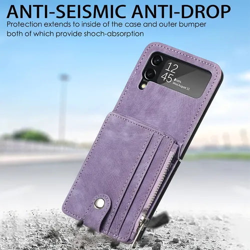 Purple  Leather Zipper Phone Case With Cards Holder For Samsung Galaxy Z Flip 4 Flip3