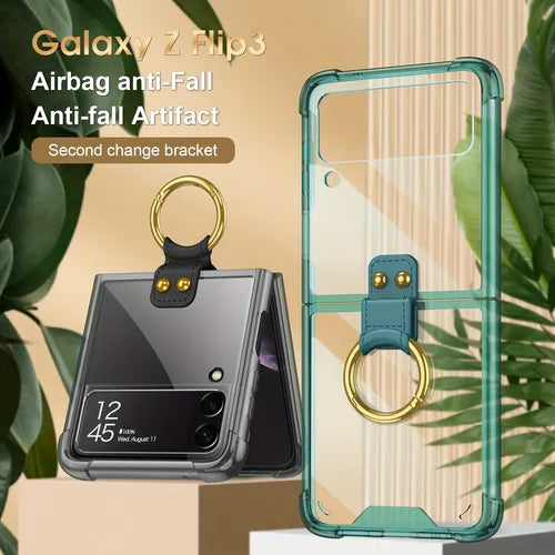 Clear PC Phone Case With Ring Holder For Samsung Galaxy Z Flip 4 Z Flip 3 5G Protective Bumper Case