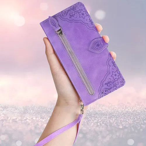 For Samsung Galaxy A14 5G Case,Galaxy A14 5G Wallet Case For Women Men,Durable PU Leather Magnetic Flip Lanyard Strap 7 Card Slots Zipper Pocket Handbag Case Emboss Flower Kickstand Phone Case Purple