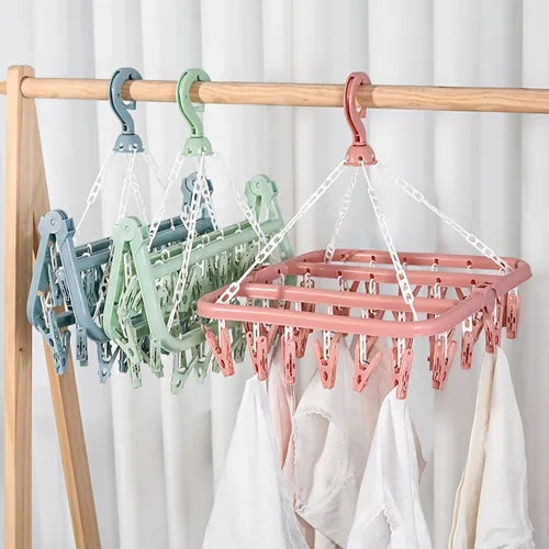 1pc 32 Clips Folding Clothes Dryer Hanger, Children Adults Clothes Plastic Socks Dryer Rack, Windproof Drying Rack With Clothespins