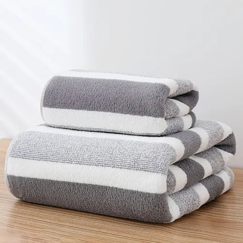 2pcs Strip Pattern Towel & Bath Towel Set, Absorbent Geometric Pattern Oblong Towel, Fast Drying