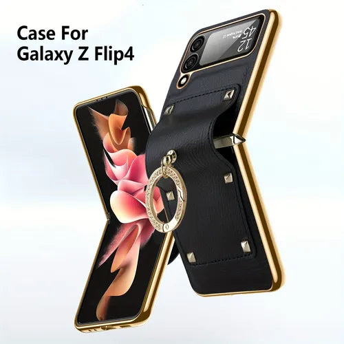 تصفيح PC حلقة حامل جلد برتقالي غطاء الهاتف المحمول حقيبة لهاتف سامسونج جالاكسي Z Flip 4 3 Z Flip 4