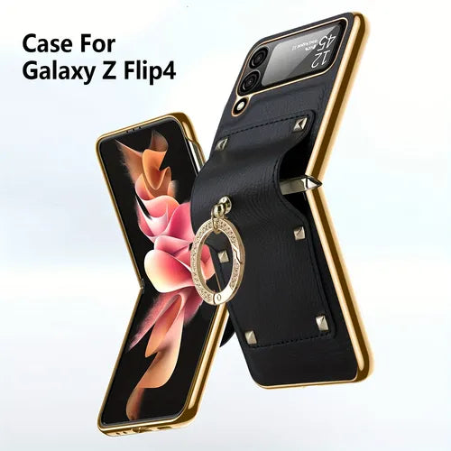 Plating PC Ring Holder Orange Leather Mobile Phone Cover Case For Samsung Galaxy Z Flip 4 3 Z Flip 4