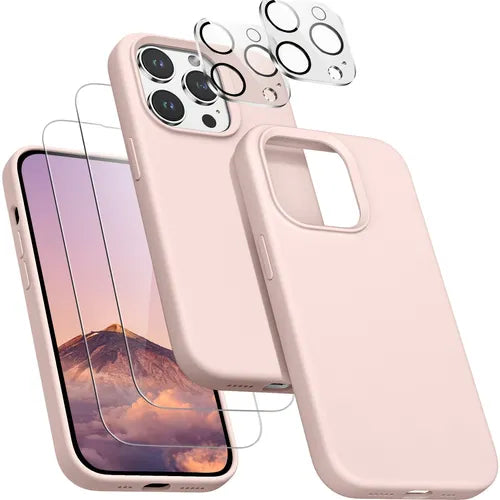 [5 In 1] 2 Pack Screen Protector + 2 Pack Camera Lens Protector, Silicone Shock-Proof Phone Case [Anti-Scratch Microfiber Lining] For IPhone 14 Pro Max, Pink