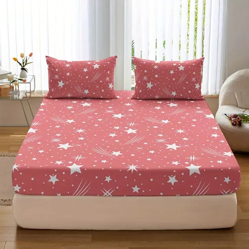 3pcs Star Pattern Fitted Sheet Set, Bedding Set For Bedroom Guest Room Hotel ( 1*Fitted Sheet + 1/2*pillowcase, Without Core)