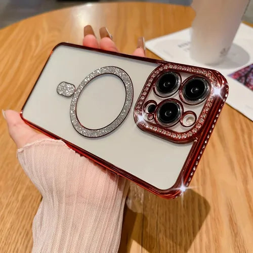 Magnetic Clear Red For IPhone 14 Pro Max Case With Glitter Rhinestones  
Transparent Luxury Plating Wireless Charging Phone Cover