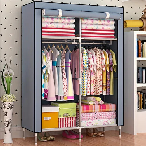 1pc Closet Portable Wardrobe Clothes Storage Organizer With Hanging Rails, Non-Woven Fabric Wardrobe Freestanding Storage Shelves