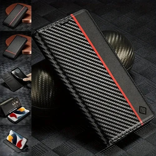 Premium Carbon Fiber Leather Phone Case For IPhone 14/13/12 Pro Max Flip Wallet Card Bag Shockproof Protect Cover