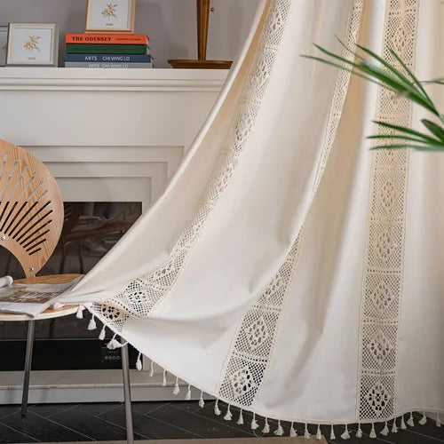 1pc Boho Linen Semi Blackout Curtains, Cream Crochet Square Lattice Patchwork Living Room Bedroom Bay Window Kitchen Rod Pocket Farmhouse Beige Tassel