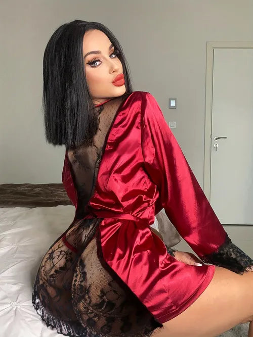 Sultry Contrast Lace Robe, Long Sleeve V Neck Robe With Belt, Women's Sexy Lingerie & Underwear