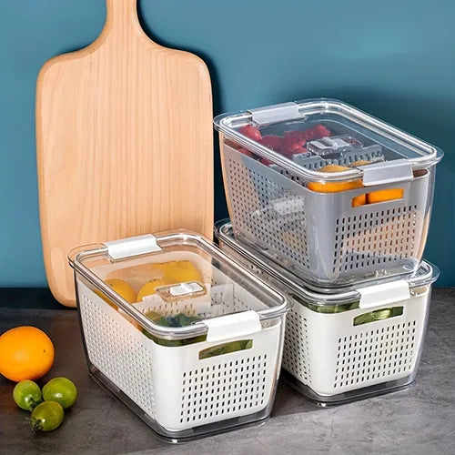 1pc Refrigerator Storage Box With Lid And Drain Basket, Fruit Vegetable Storage Containers Transparent Drainable Stackable Produce Saver Container Food Organizer Bins For Fresh Vegetable Fruit, Home Kitchen Supplies