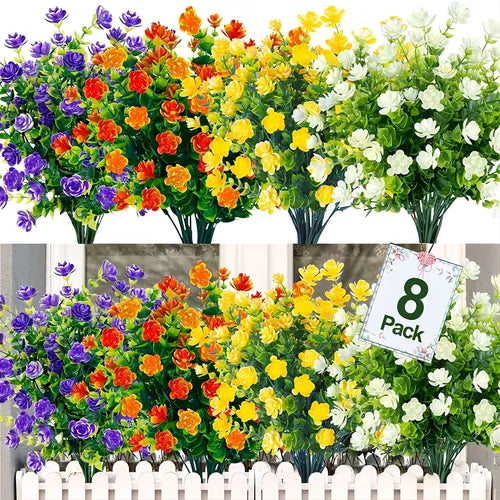 8pcs, Artificial Flowers, Anti UV Plastic Simulation Flowers Floral Bouquets Outdoor Shrubs Green Plants, For Home Garden Porch Decor