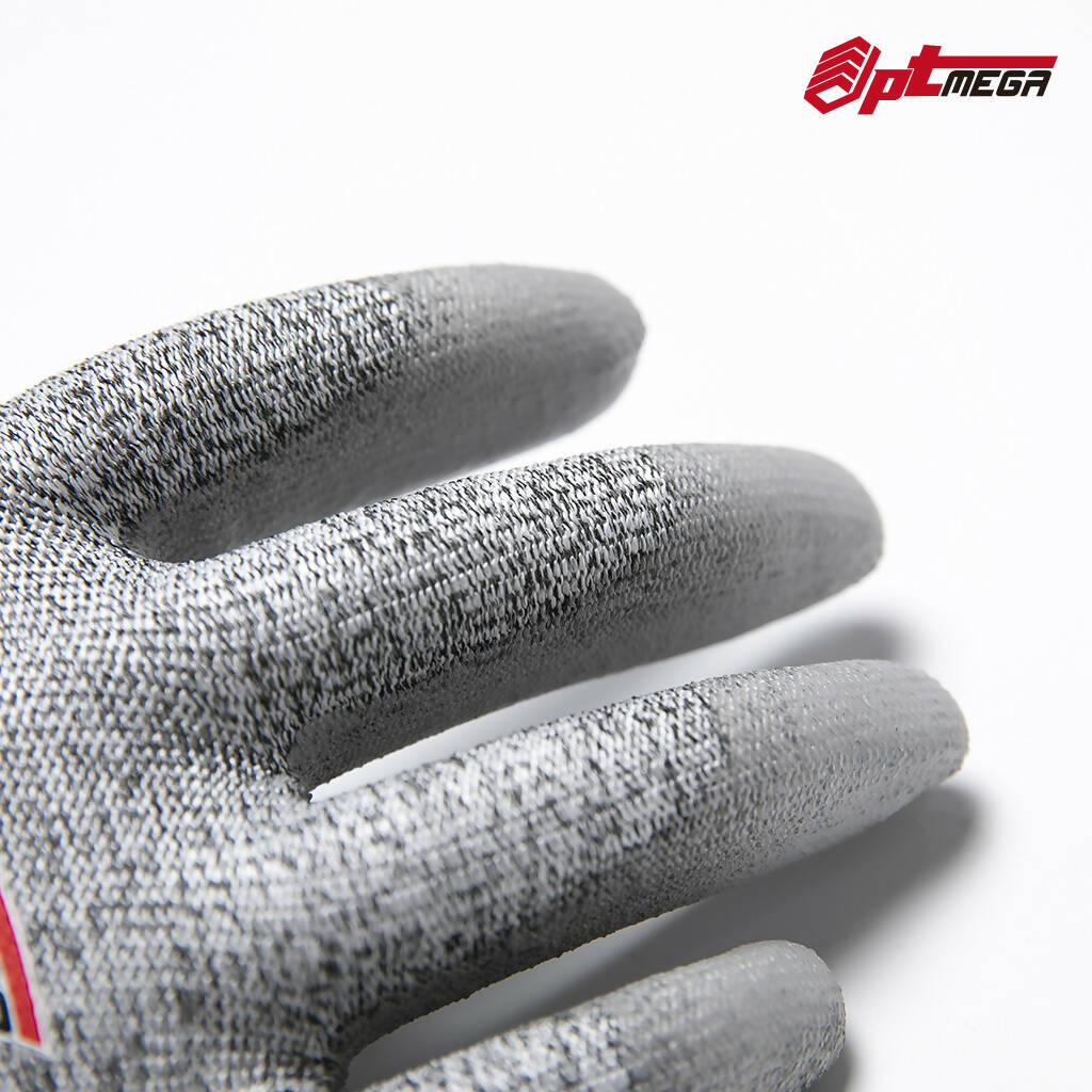 Optmega 30317 Cut Resistant Gloves, CE Level 5 Protection, PU Coated Cutting Work Gloves with Firm Grip, Breathable and Lightweight
