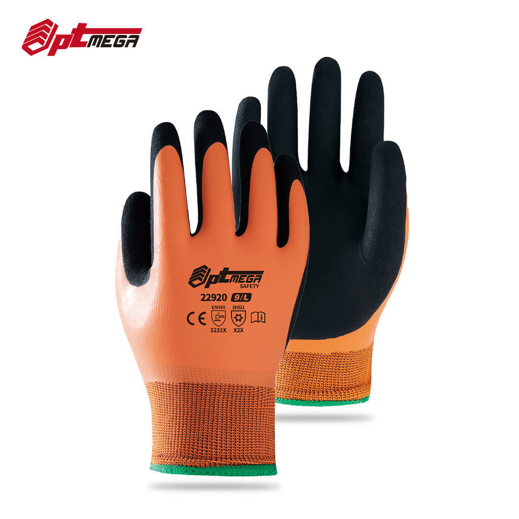 Optmega 22920 Waterproof Winter Gloves for outdoor cold weather Double Coated Anti-slip Sandy Nitrile Plam and Fingers Acrylic Terry inner keep hands warm
