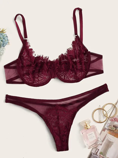 Lace Trim Matching Lingerie Set, Sexy Lingerie Set, Women's Lingerie & Underwear