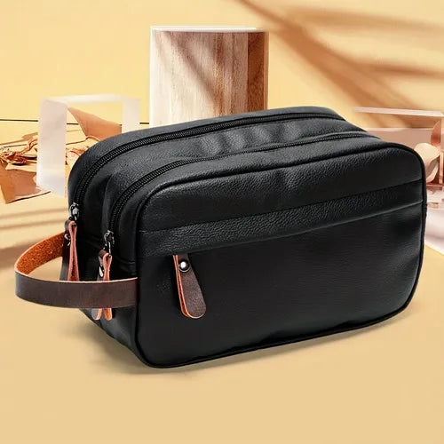 Black Sports Business Travel PU Leather Toiletry Bag Waterproof Casual Men's Handbag