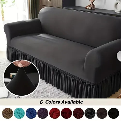 1pc Stretch Sofa Cover Spandex Corner Sofa Covers With Skirt, Solid Color Dustproof Non-slip Sofa Slipcover For Bedroom Office Living Room Home Decor