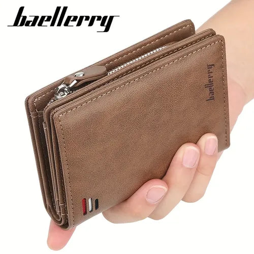 Baellerry Men's Business Retro Short Wallet Multi-card Slot PU Leather Buckle Zipper Bank Card Holder