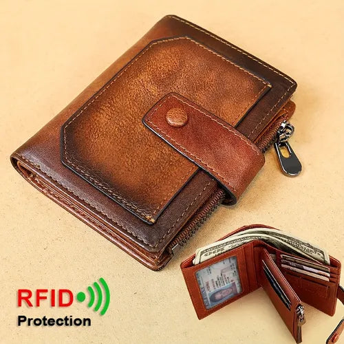 Vintage Men's Genuine Leather Wallet RFID Anti-theft Brush Trifold Short Multifunction Money Clip Large Capacity Credit Card Holder Zipper Coin Purse Give Gifts To Men On Valentine's Day